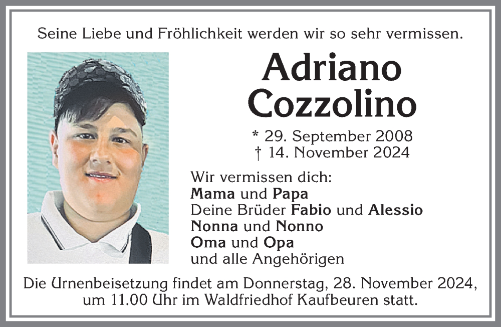 Traueranzeige von Adriano Cozzolino von Allgäuer Zeitung, Kaufbeuren/Buchloe