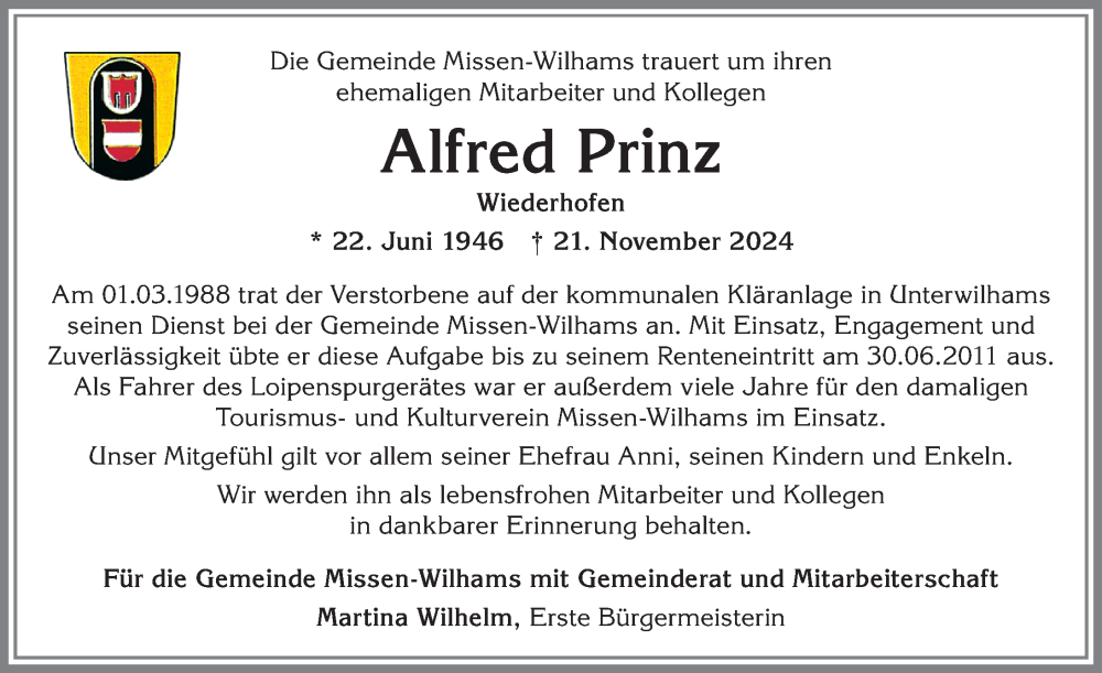 Traueranzeige von Alfred Prinz von Allgäuer Anzeigeblatt