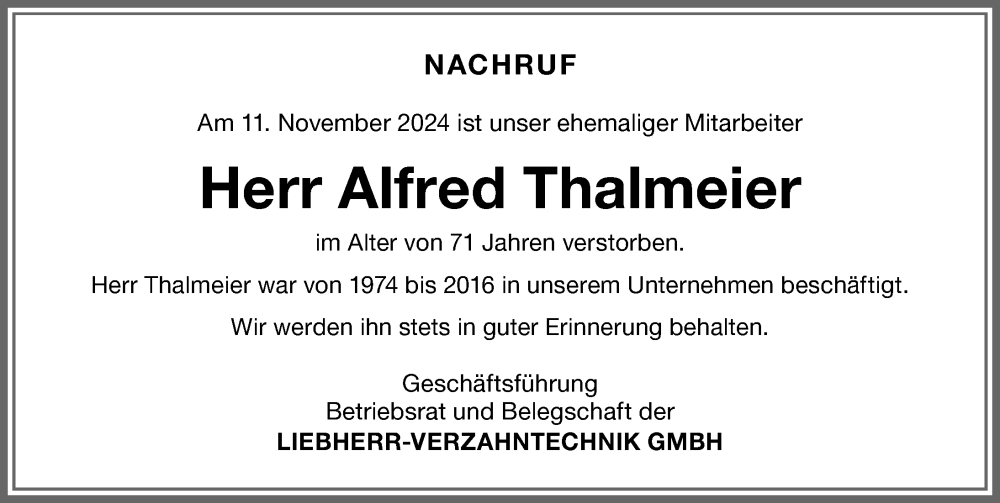 Traueranzeige von Alfred Thalmeier von Allgäuer Zeitung,Kempten