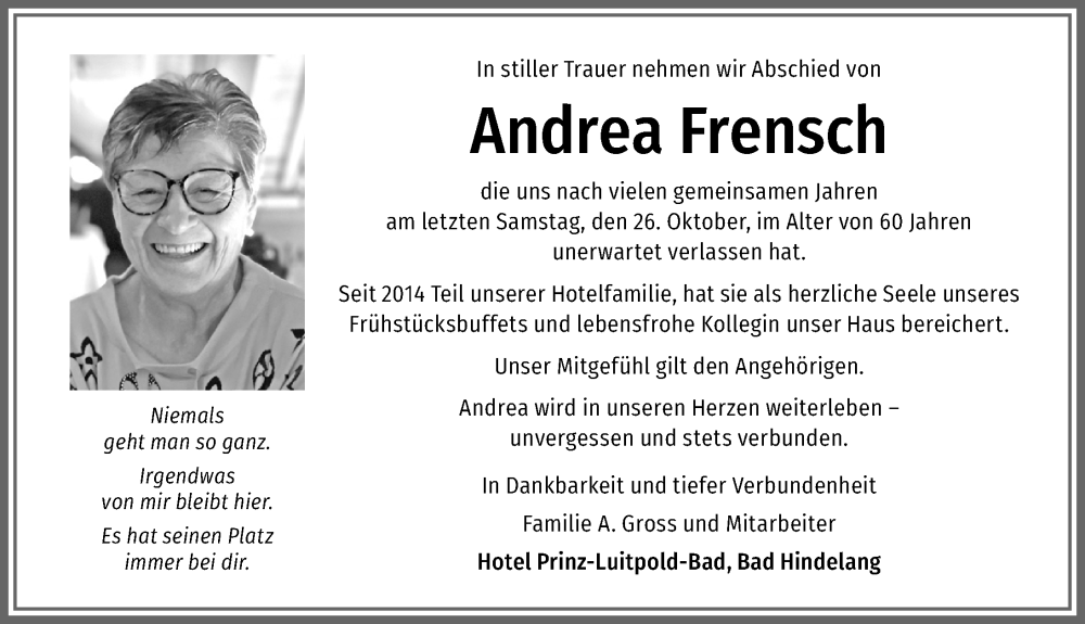 Traueranzeige von Andrea Frensch von Allgäuer Anzeigeblatt