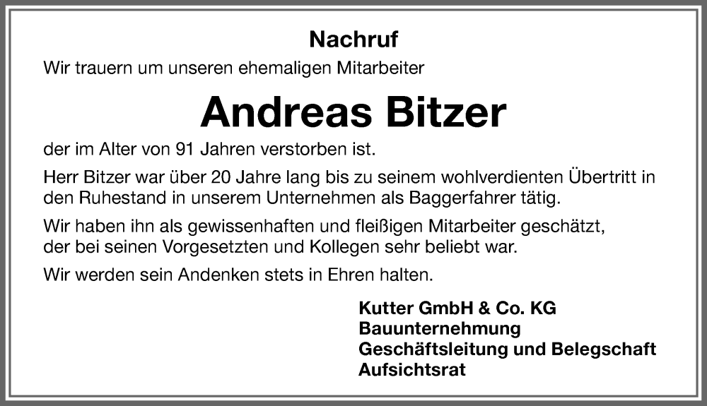 Traueranzeige von Andreas Bitzer von Memminger Zeitung