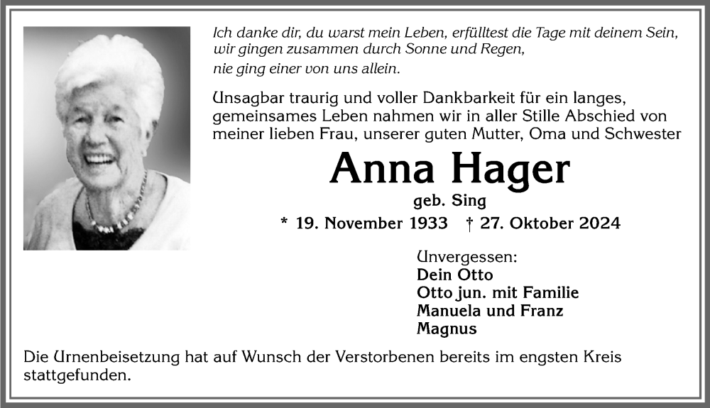 Traueranzeige von Anna Hager von Allgäuer Zeitung, Kaufbeuren/Buchloe