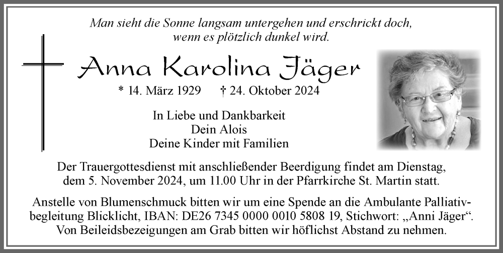 Traueranzeige von Anna Karolina Jäger von Allgäuer Zeitung, Marktoberdorf