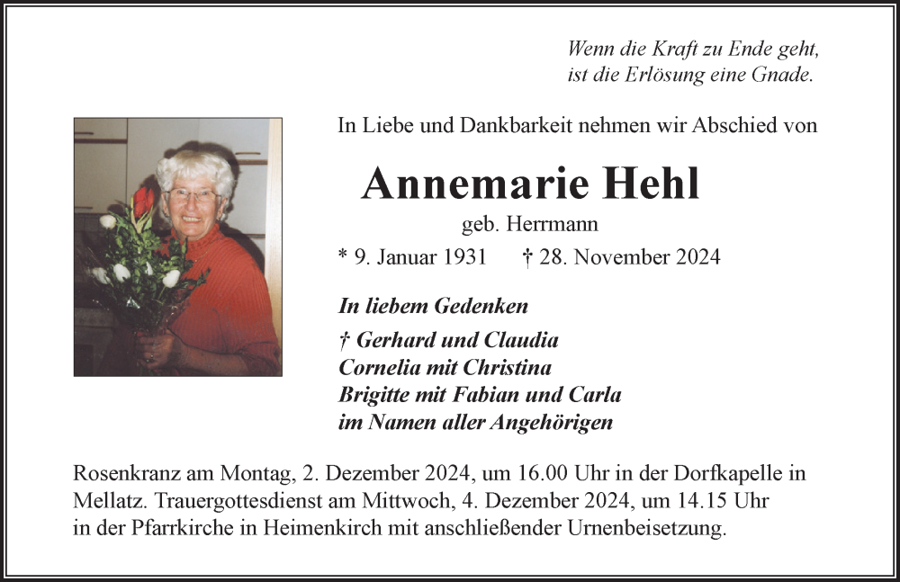 Traueranzeige von Annemarie Hehl von Der Westallgäuer