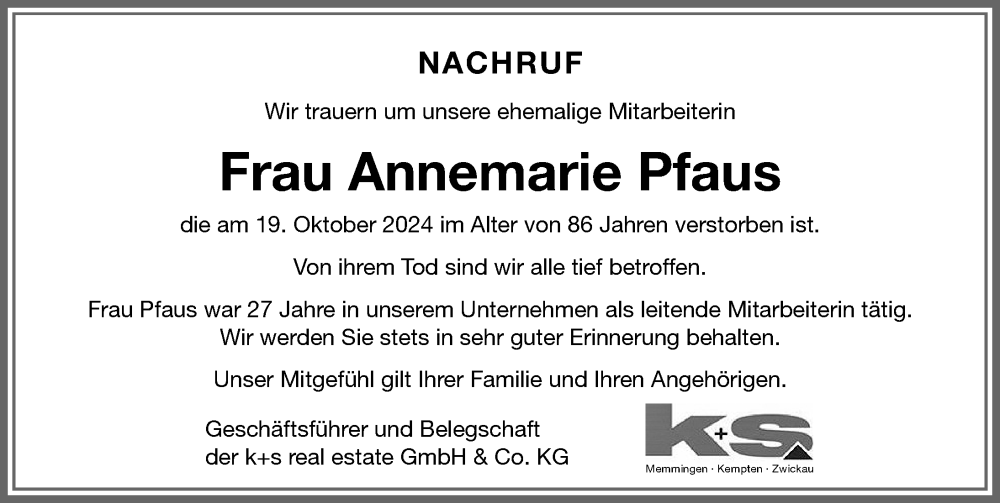 Traueranzeige von Annemarie Pfaus von Memminger Zeitung