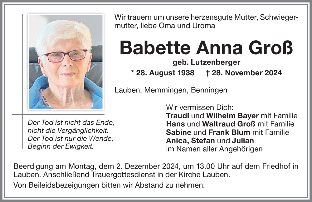 Traueranzeige von Babette Anna Groß von Memminger Zeitung