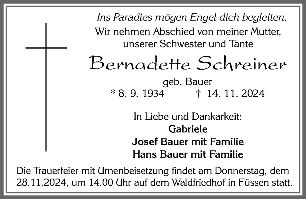 Traueranzeige von Bernadette Schreiner von Allgäuer Zeitung, Füssen