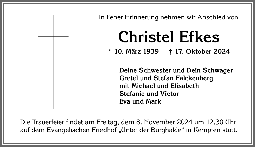 Traueranzeige von Christel Efkes von Allgäuer Zeitung,Kempten