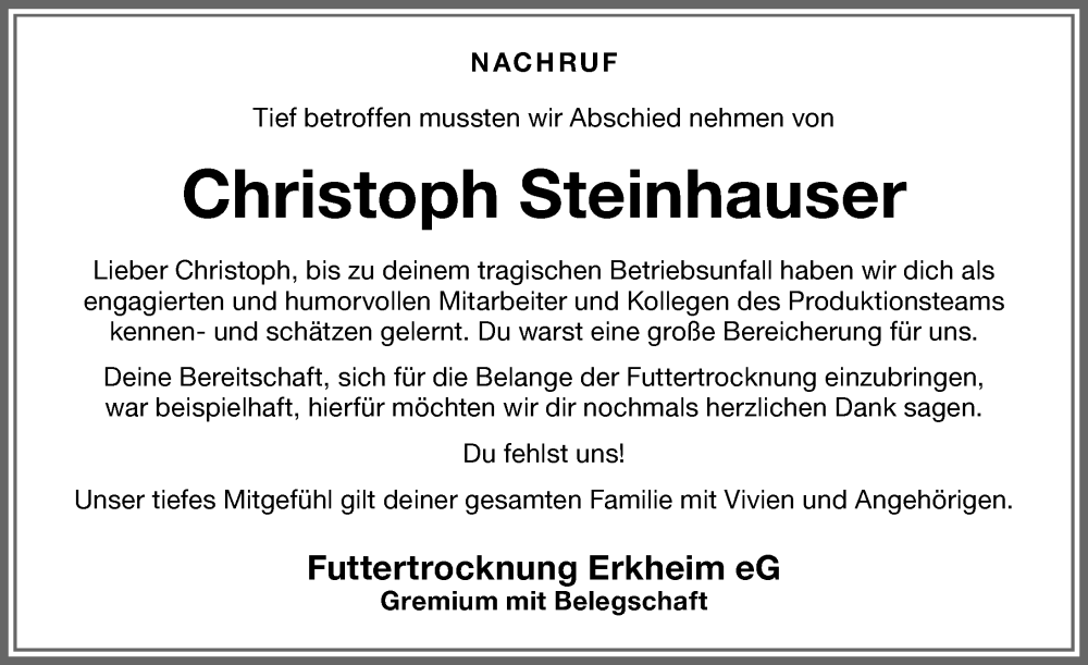 Traueranzeige von Christoph Steinhauser von Memminger Zeitung