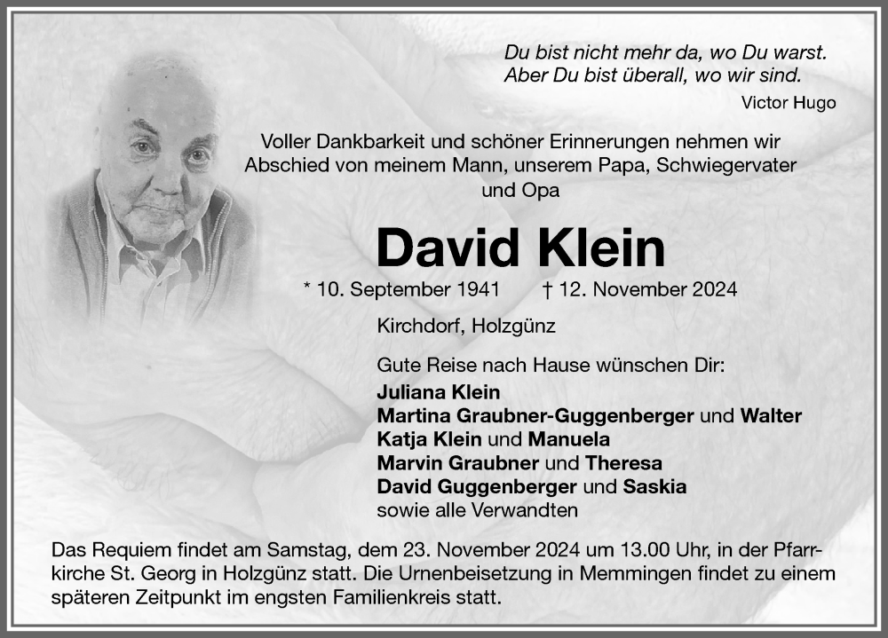 Traueranzeige von David Klein von Memminger Zeitung