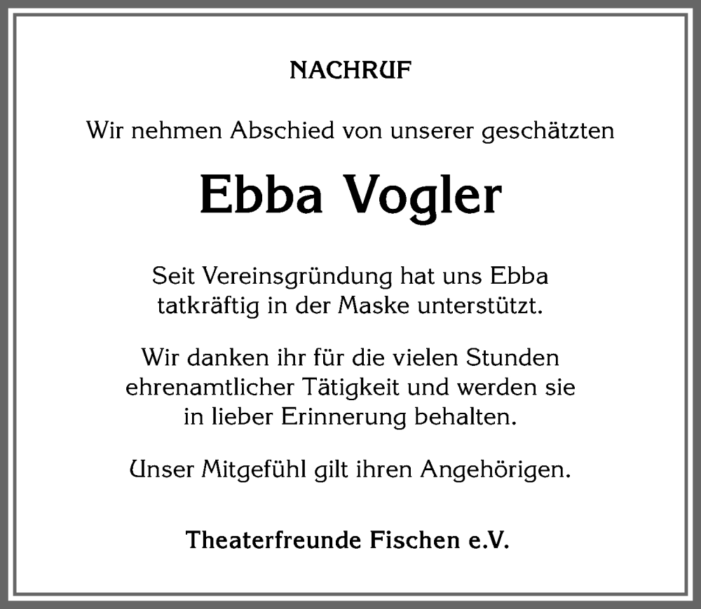 Traueranzeige von Ebba Vogler von Allgäuer Anzeigeblatt