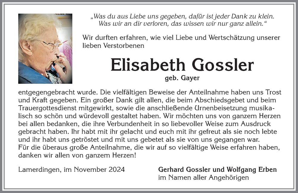 Traueranzeige von Elisabeth Gossler von Allgäuer Zeitung, Kaufbeuren/Buchloe