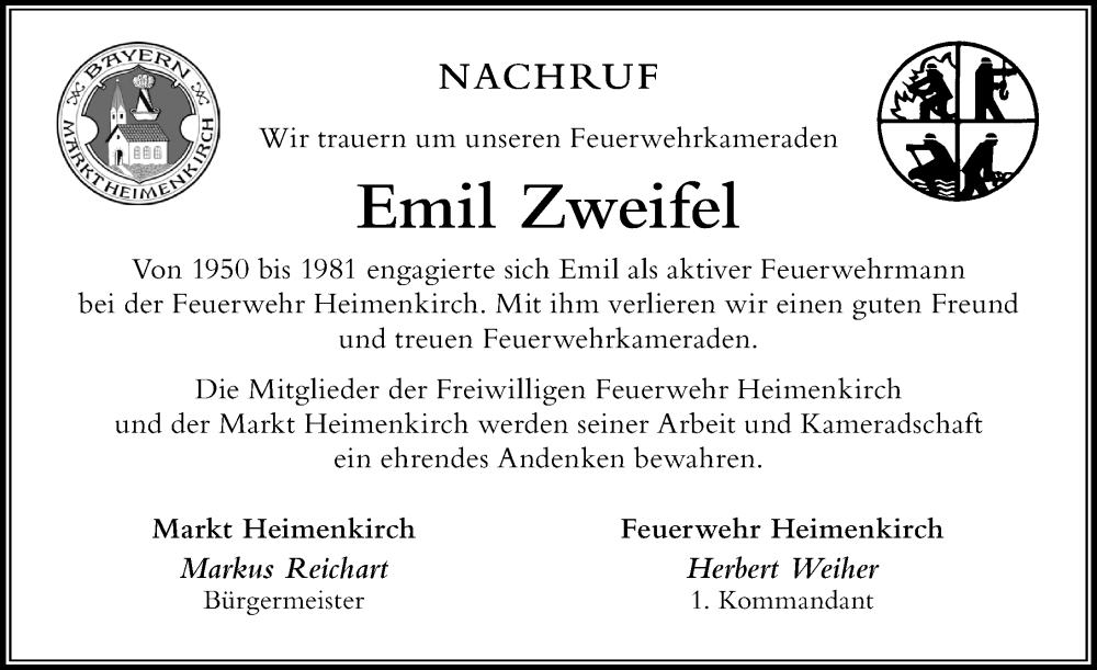 Traueranzeige von Emil Zweifel von Der Westallgäuer