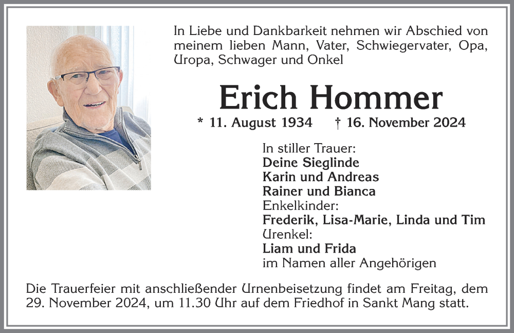 Traueranzeige von Erich Hommer von Allgäuer Zeitung,Kempten