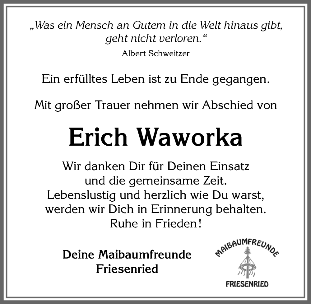 Traueranzeige von Erich Waworka von Allgäuer Zeitung, Kaufbeuren/Buchloe