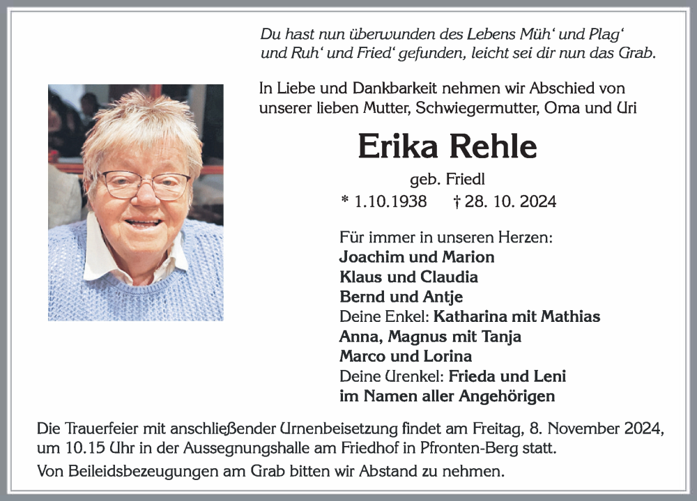 Traueranzeige von Erika Rehle von Allgäuer Zeitung, Füssen