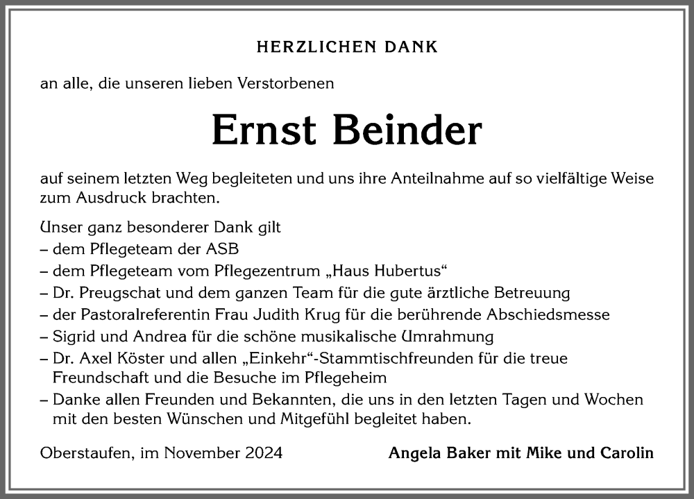 Traueranzeige von Ernst Beinder von Allgäuer Anzeigeblatt