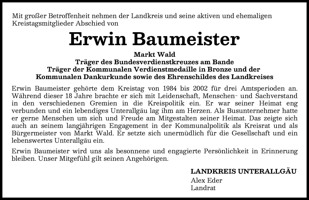 Traueranzeige von Erwin Baumeister von Augsburger Allgemeine, Mindelheimer Zeitung