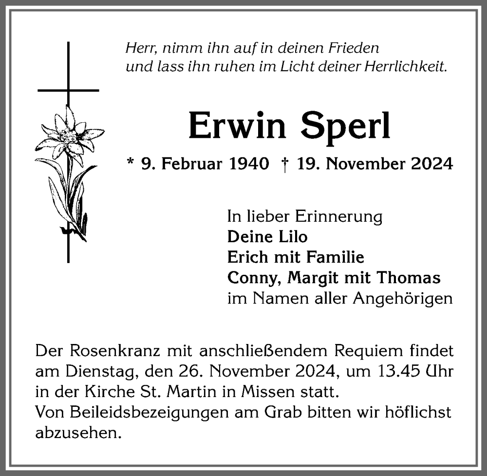 Traueranzeige von Erwin Sperl von Allgäuer Anzeigeblatt