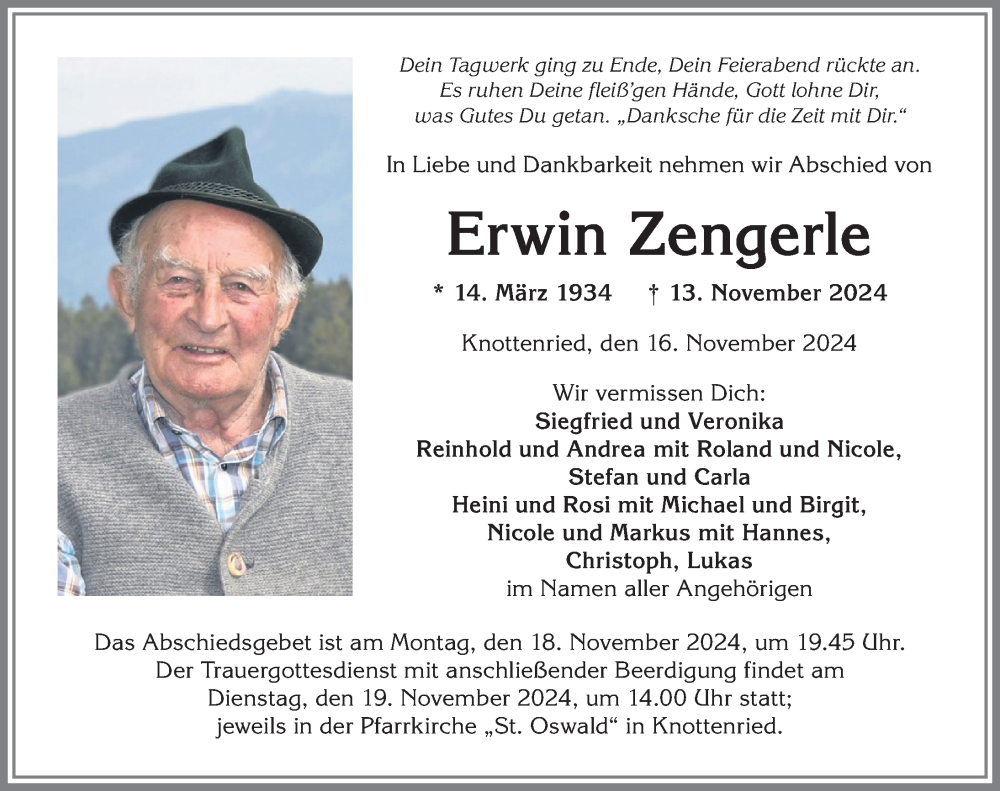 Traueranzeige von Erwin Zengerle von Allgäuer Anzeigeblatt