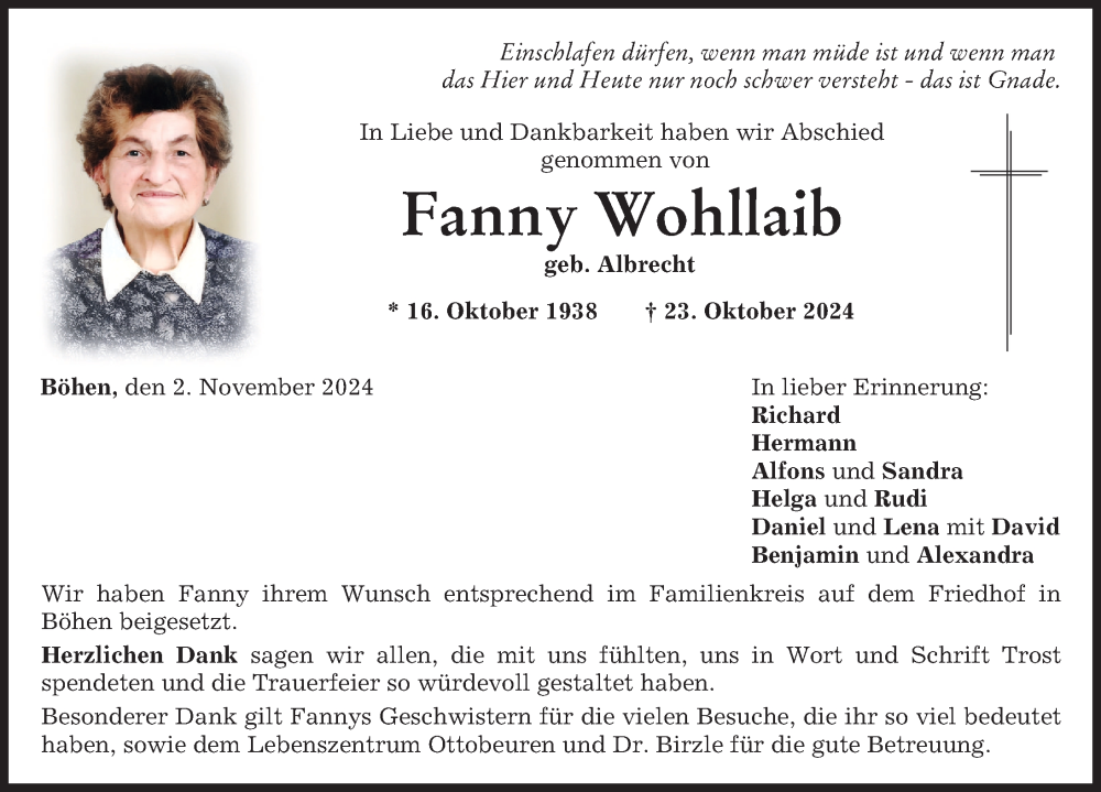 Traueranzeige von Fanny Wohllaib von Memminger Zeitung