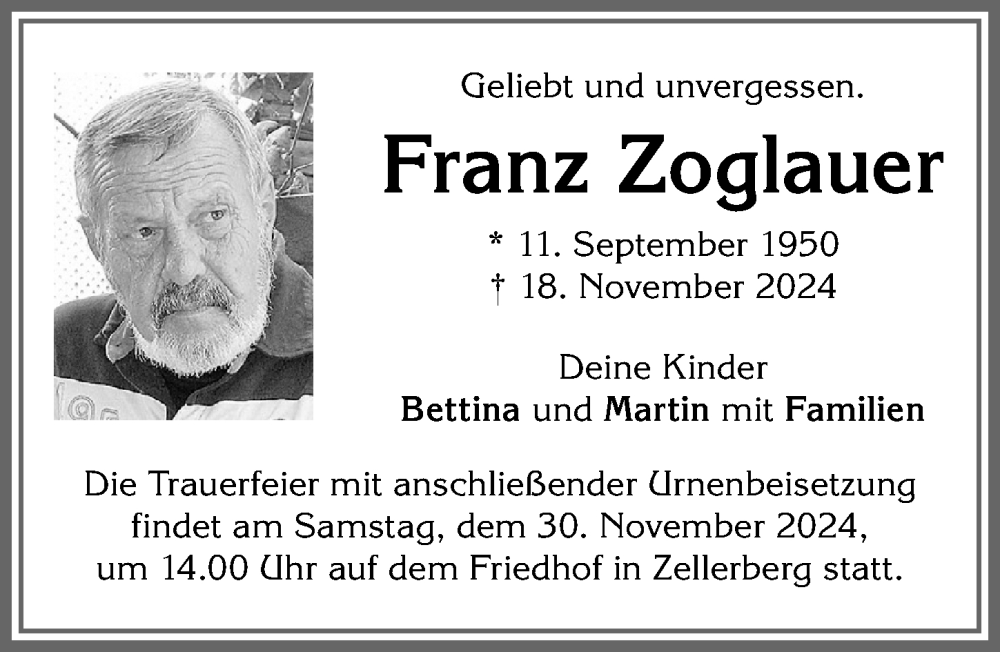 Traueranzeige von Franz Zoglauer von Allgäuer Zeitung, Kaufbeuren/Buchloe