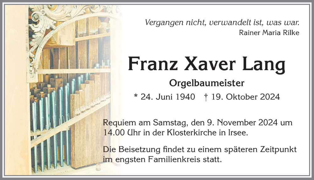 Traueranzeige von Franz Xaver Lang von Allgäuer Zeitung, Kaufbeuren/Buchloe