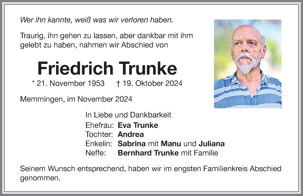 Traueranzeige von Friedrich Trunke von Memminger Zeitung