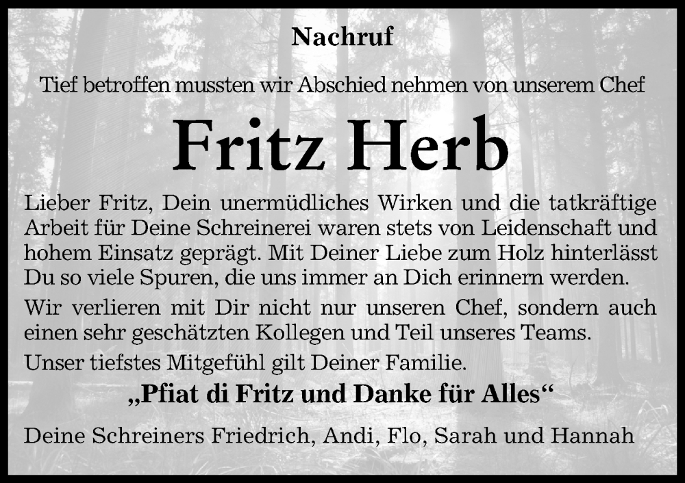 Traueranzeige von Fritz Herb von Memminger Zeitung