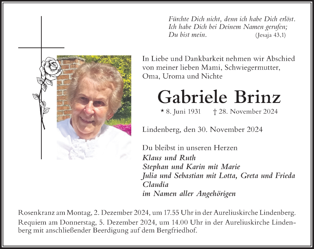 Traueranzeige von Gabriele Brinz von Der Westallgäuer