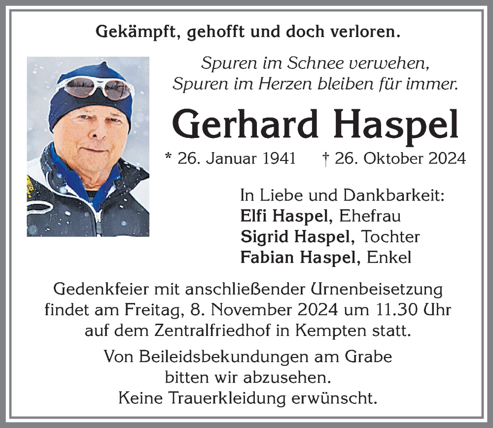 Traueranzeige von Gerhard Haspel von Allgäuer Zeitung,Kempten