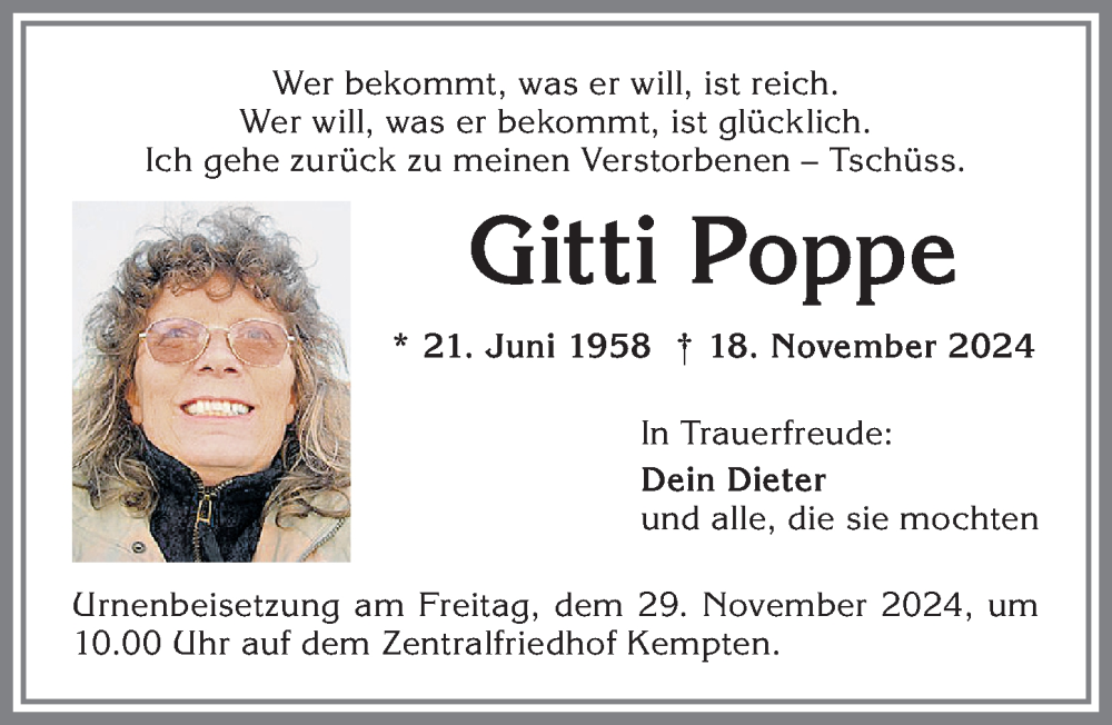 Traueranzeige von Gitti Poppe von Allgäuer Zeitung,Kempten