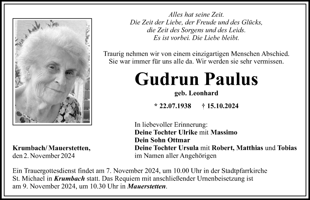 Traueranzeige von Gudrun Paulus von Augsburger Allgemeine, Mittelschwäbische Nachrichten