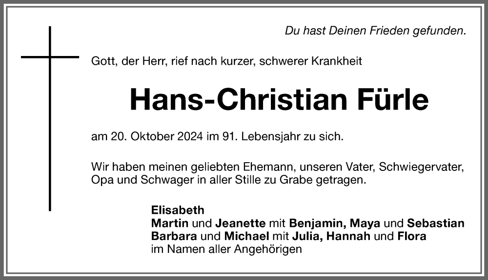 Traueranzeige von Hans-Christian Fürle von Memminger Zeitung