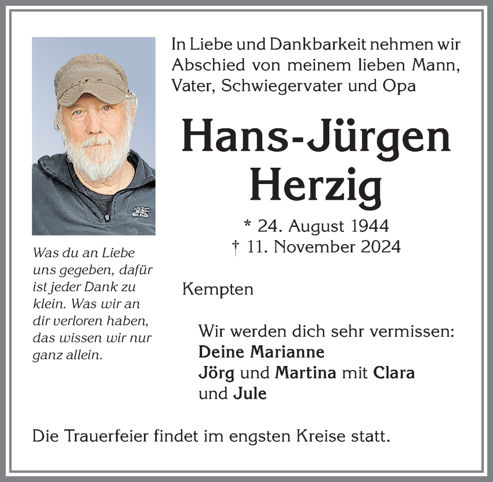 Traueranzeige von Hans-Jürgen Herzig von Allgäuer Zeitung,Kempten