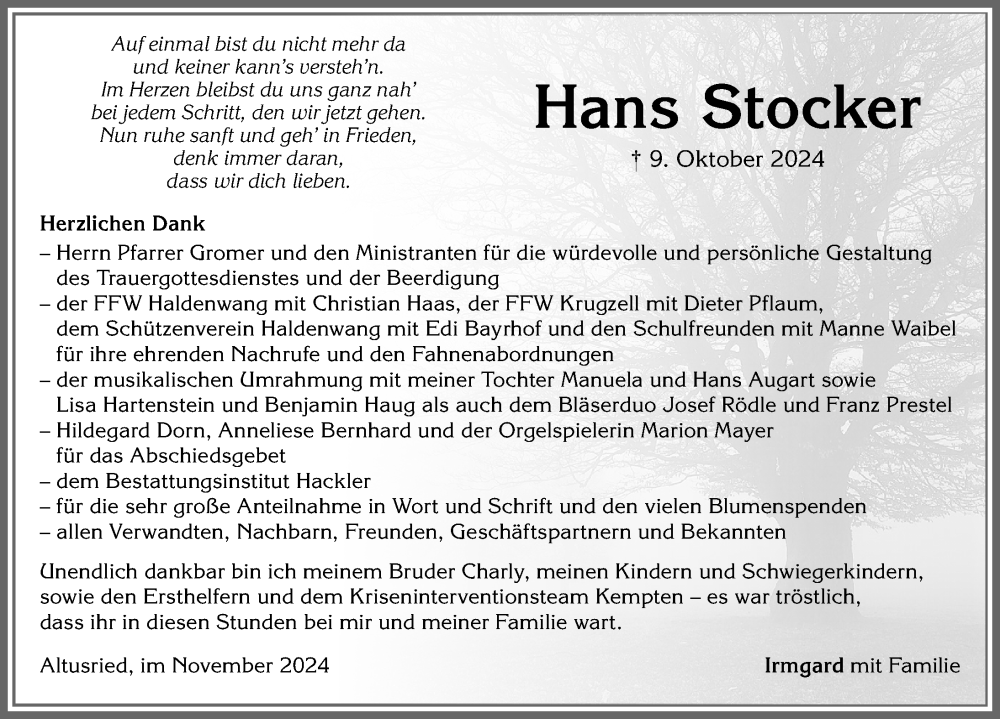 Traueranzeige von Hans Stocker von Allgäuer Zeitung,Kempten