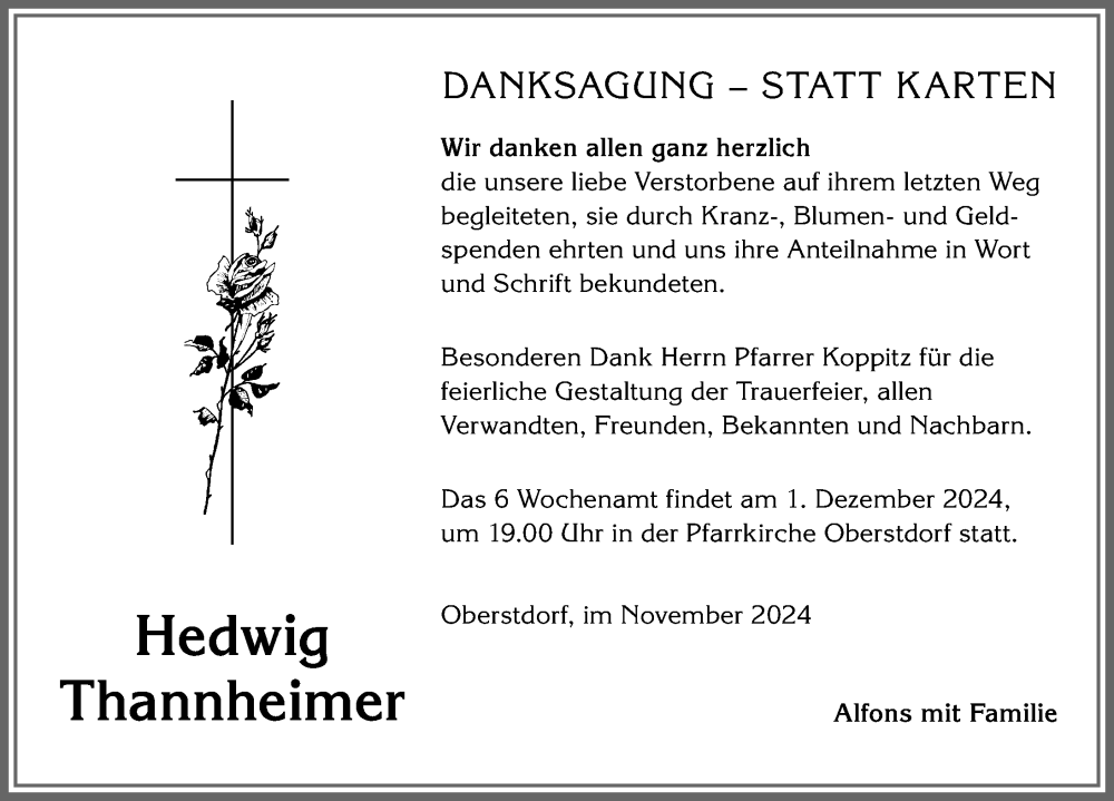 Traueranzeige von Hedwig Thannheimer von Allgäuer Anzeigeblatt