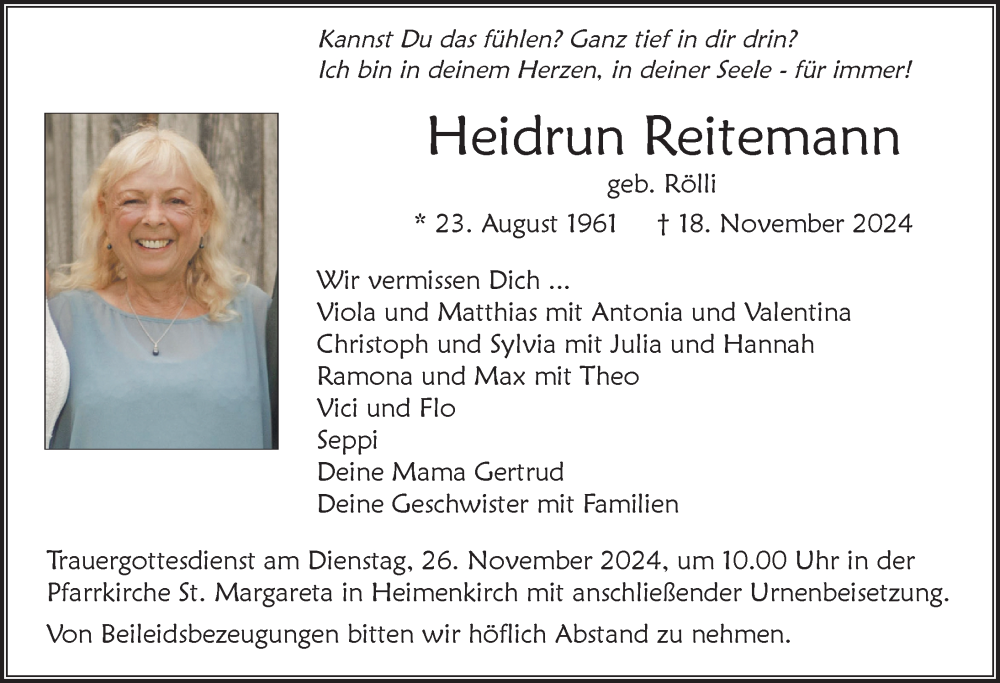 Traueranzeige von Heidrun Reitemann von Der Westallgäuer