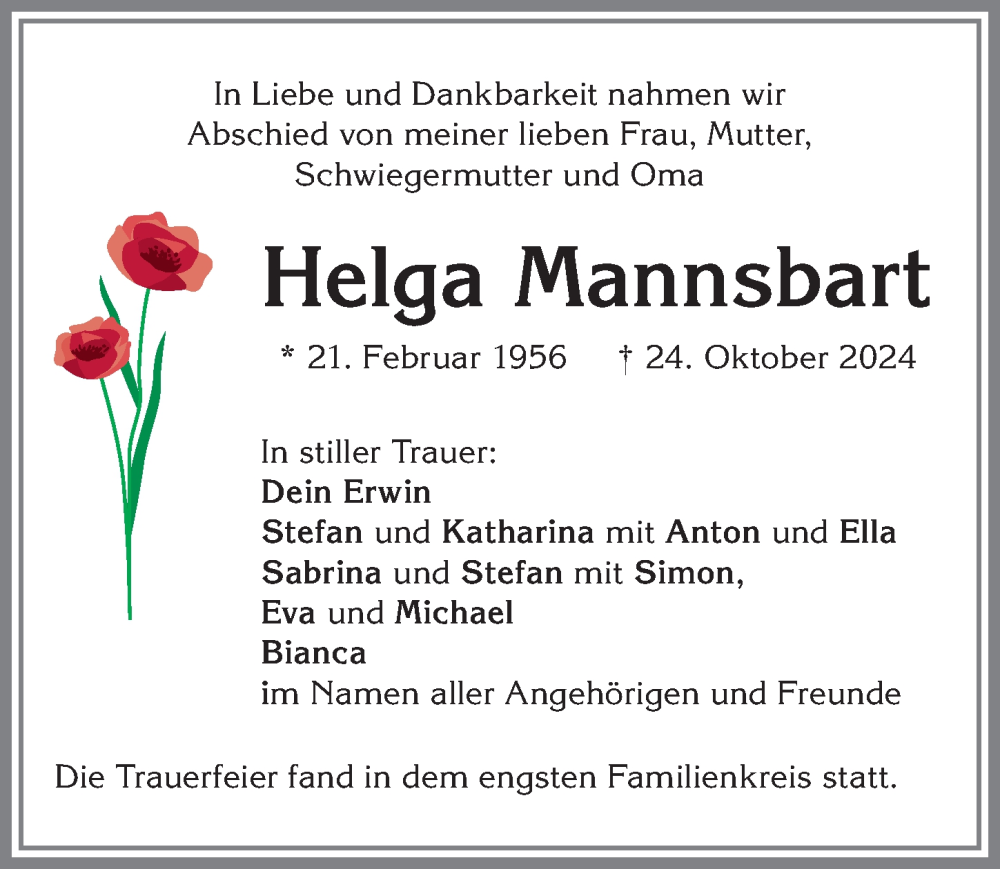 Traueranzeige von Helga Mannsbart von Allgäuer Zeitung,Kempten