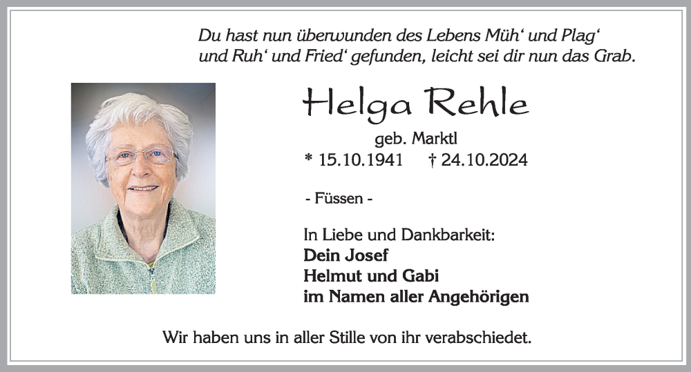 Traueranzeige von Helga Rehle von Allgäuer Zeitung, Füssen