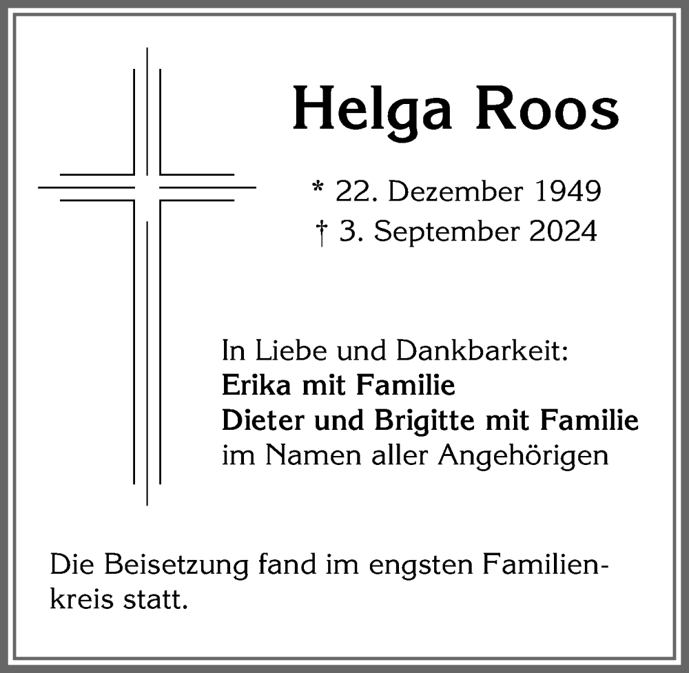 Traueranzeige von Helga Roos von Allgäuer Zeitung,Kempten