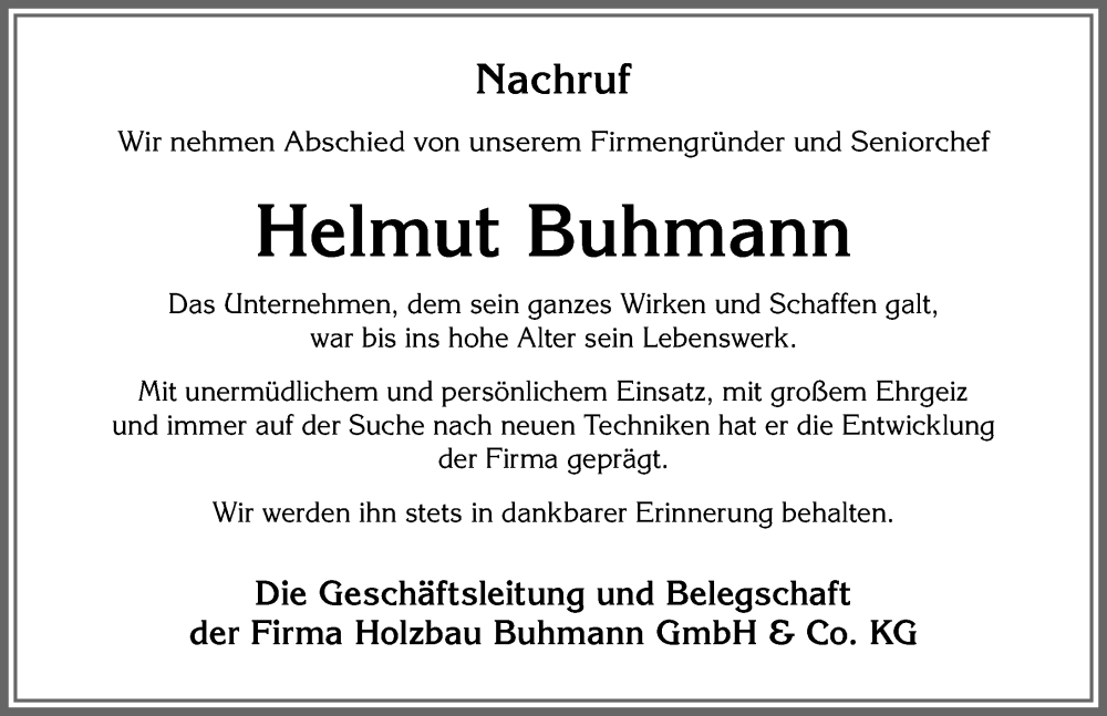 Traueranzeige von Helmut Buhmann von Allgäuer Zeitung,Kempten