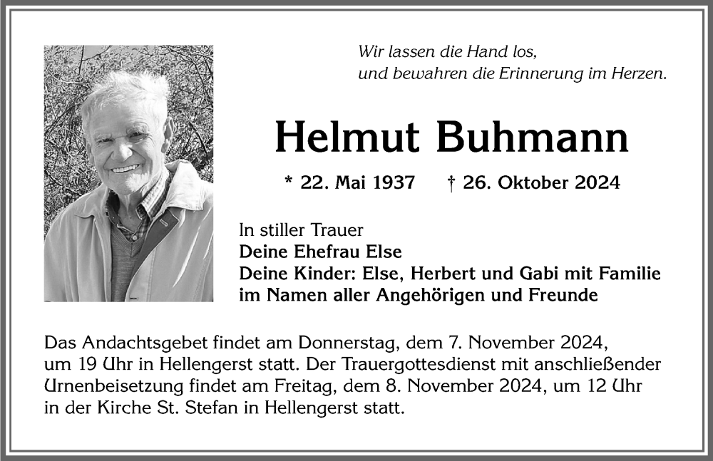 Traueranzeige von Helmut Buhmann von Allgäuer Zeitung,Kempten