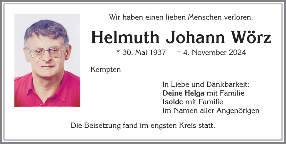 Traueranzeige von Helmuth Johann Wörz von Allgäuer Zeitung,Kempten