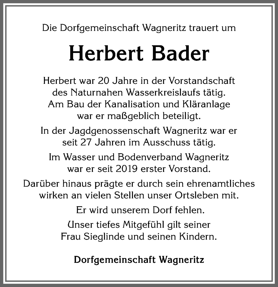 Traueranzeige von Herbert Bader von Allgäuer Anzeigeblatt