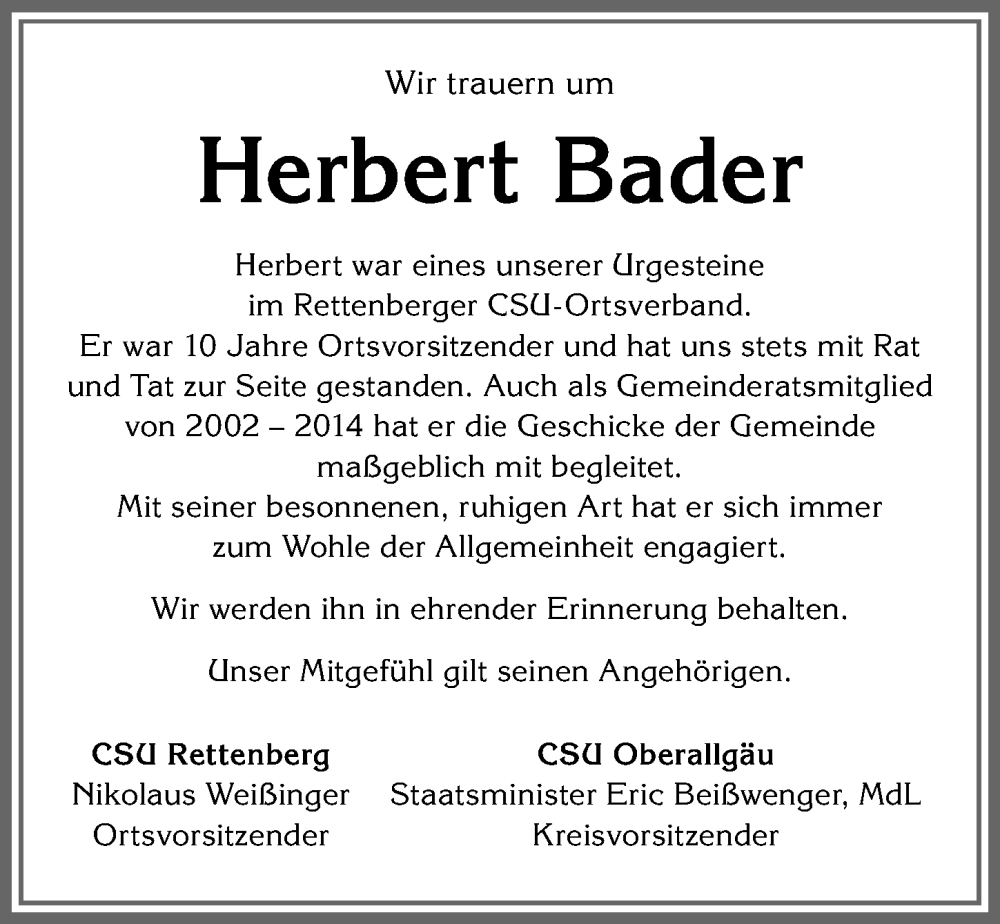 Traueranzeige von Herbert Bader von Allgäuer Anzeigeblatt