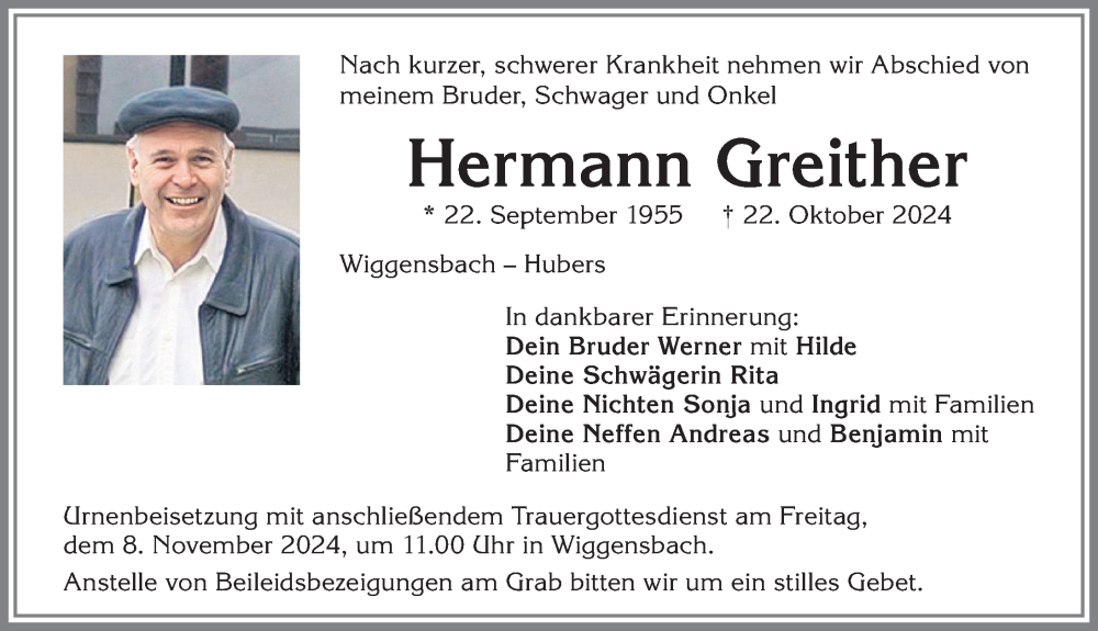 Traueranzeige von Hermann Greither von Allgäuer Zeitung,Kempten