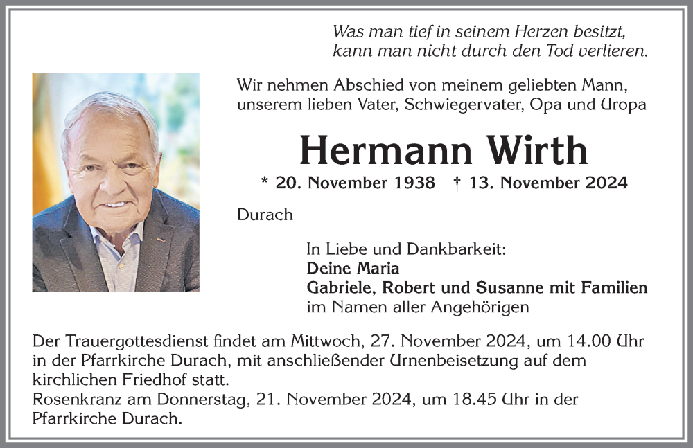 Traueranzeige von Hermann Wirth von Allgäuer Zeitung,Kempten