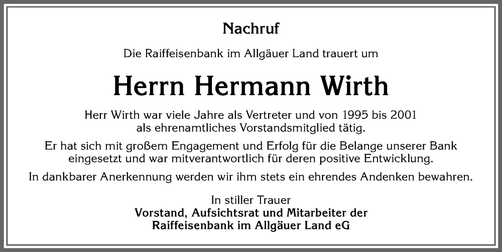 Traueranzeige von Hermann Wirth von Allgäuer Zeitung,Kempten