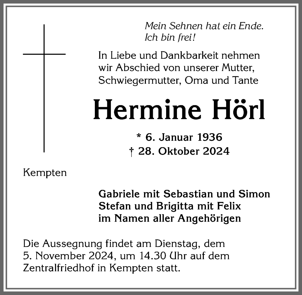 Traueranzeige von Hermine Hörl von Allgäuer Zeitung,Kempten